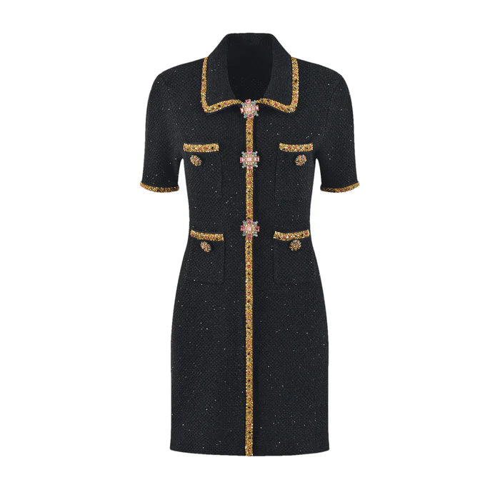 Meredith Knitted Dress with Sequin Lapel & Pockets