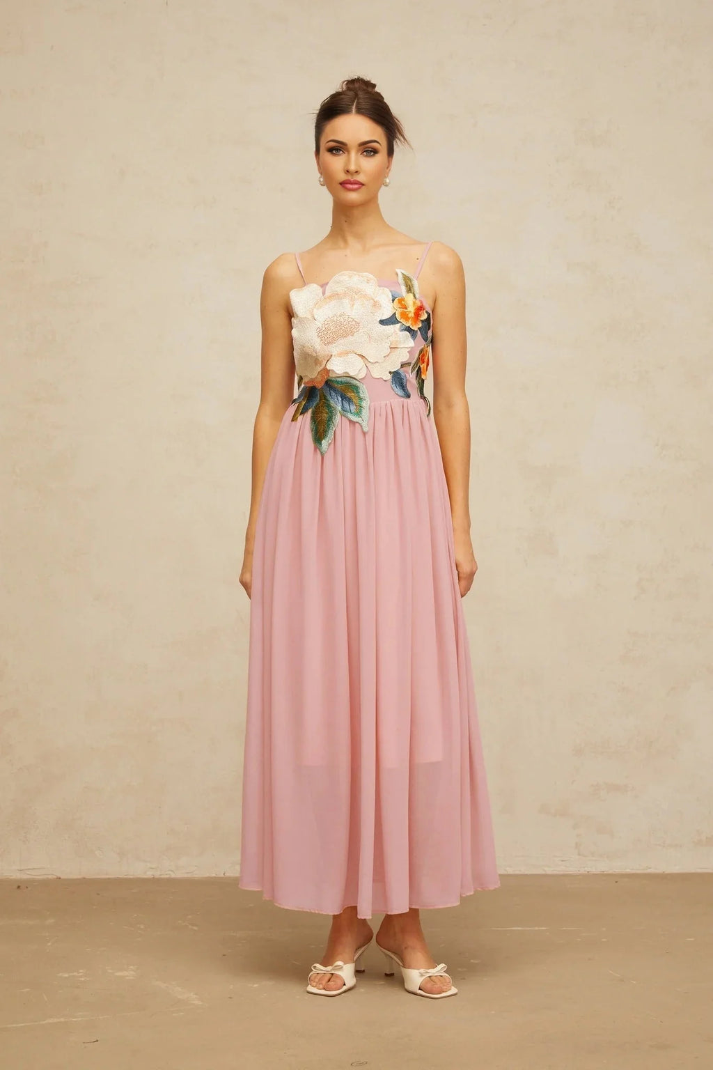 Mia Maxi Dress Pink Floral Embroidered Shirred Square Neck Floor - Length