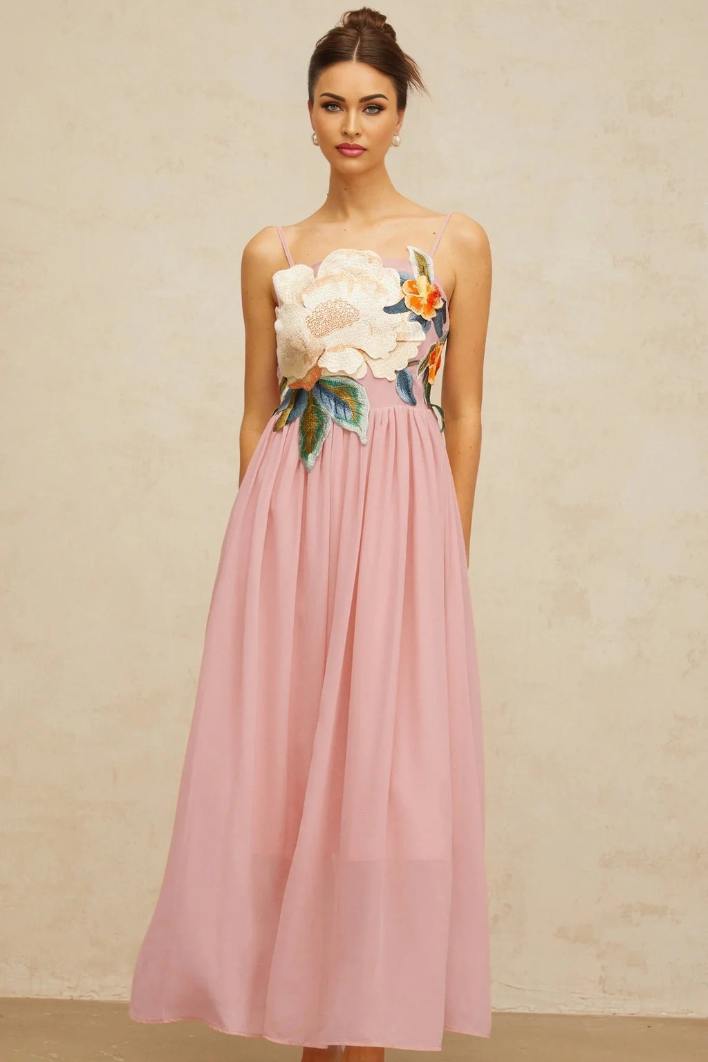 Mia Maxi Dress Pink Floral Embroidered Shirred Square Neck Floor - Length