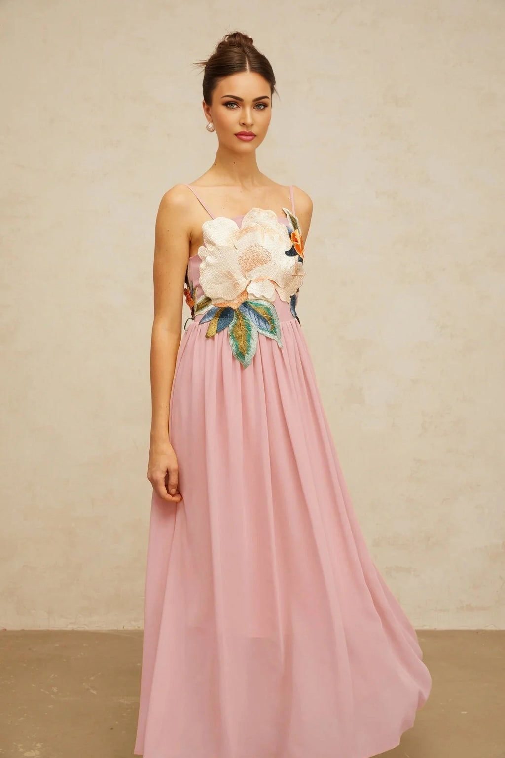 Mia Maxi Dress Pink Floral Embroidered Shirred Square Neck Floor - Length