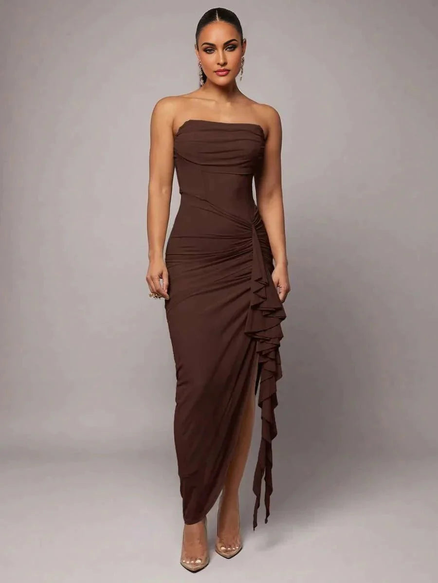 Mia Maxi Dress - Style Party Style - Slim Fit - Cut Out, Ruched, Zipper - Hem Shaped Mermaid - Length Midi Length - Neckline Strapless