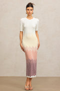 Michaela Beige Zigzag Midi Dress Round Neckline Short Sleeves Elegant Style Comfortable Fit Quality Materials Sophisticated Look Casual Outing Charm Grace
