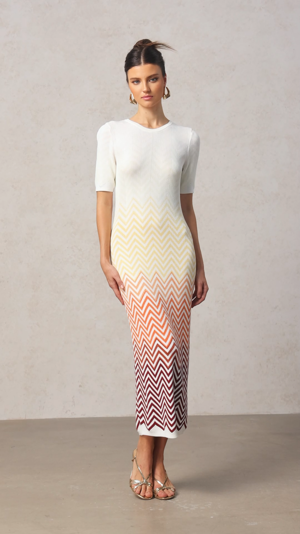 Michaela Beige Zigzag Midi Dress Round Neckline Short Sleeves