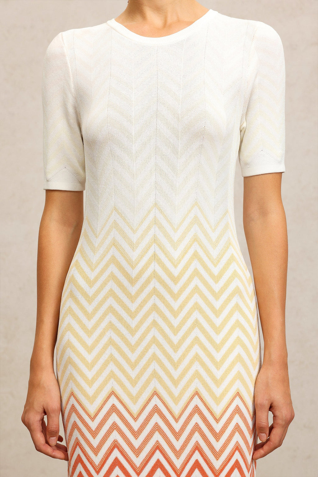Michaela Beige Zigzag Midi Dress Round Neck Short Sleeves Elegant Stylish Comfortable Quality Materials Sophisticated Flats Casual Outing Charm Grace