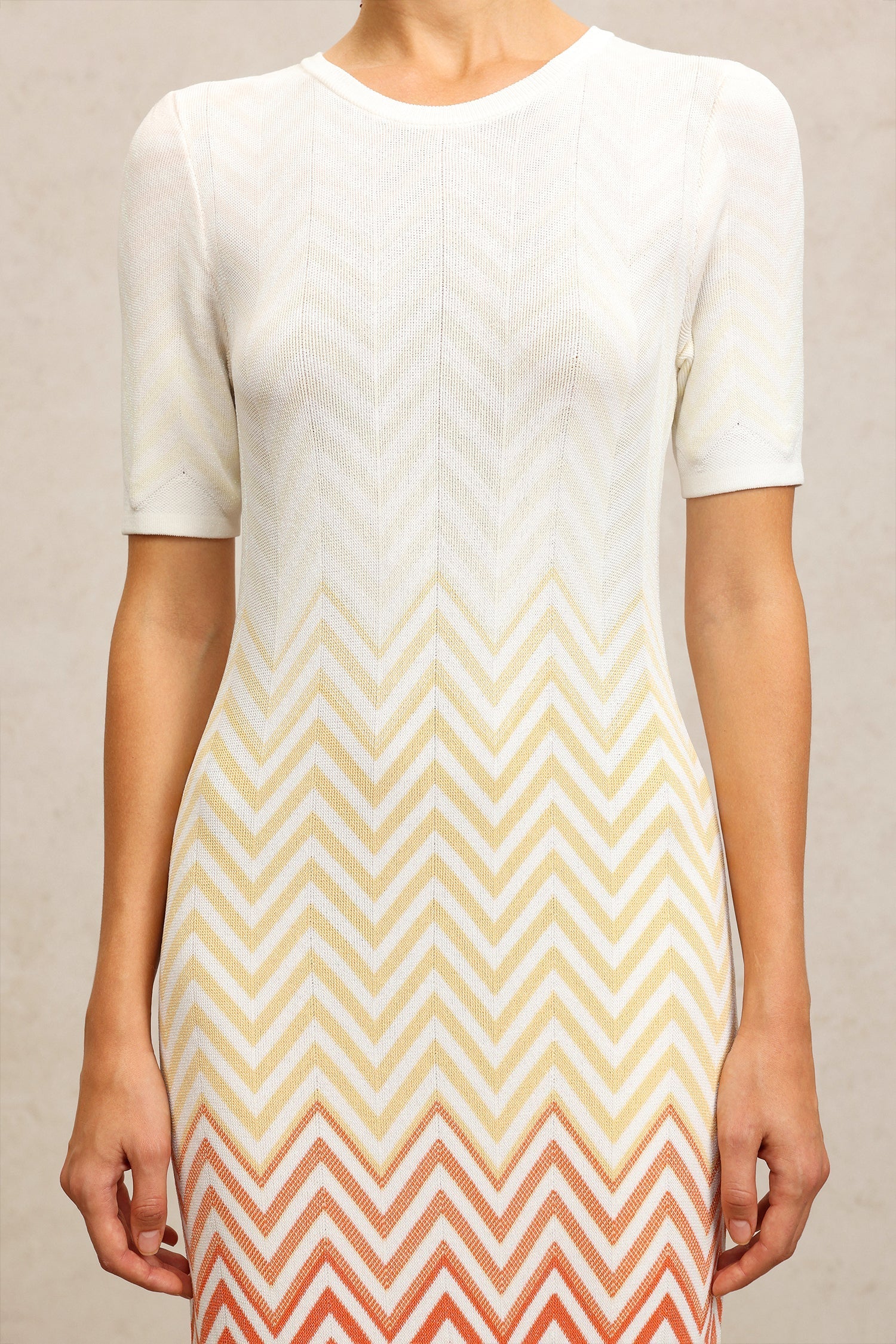 Michaela Beige Zigzag Midi Dress Round Neck Short Sleeves Elegant Stylish Comfortable Quality Materials Sophisticated Flats Casual Outing Charm Grace