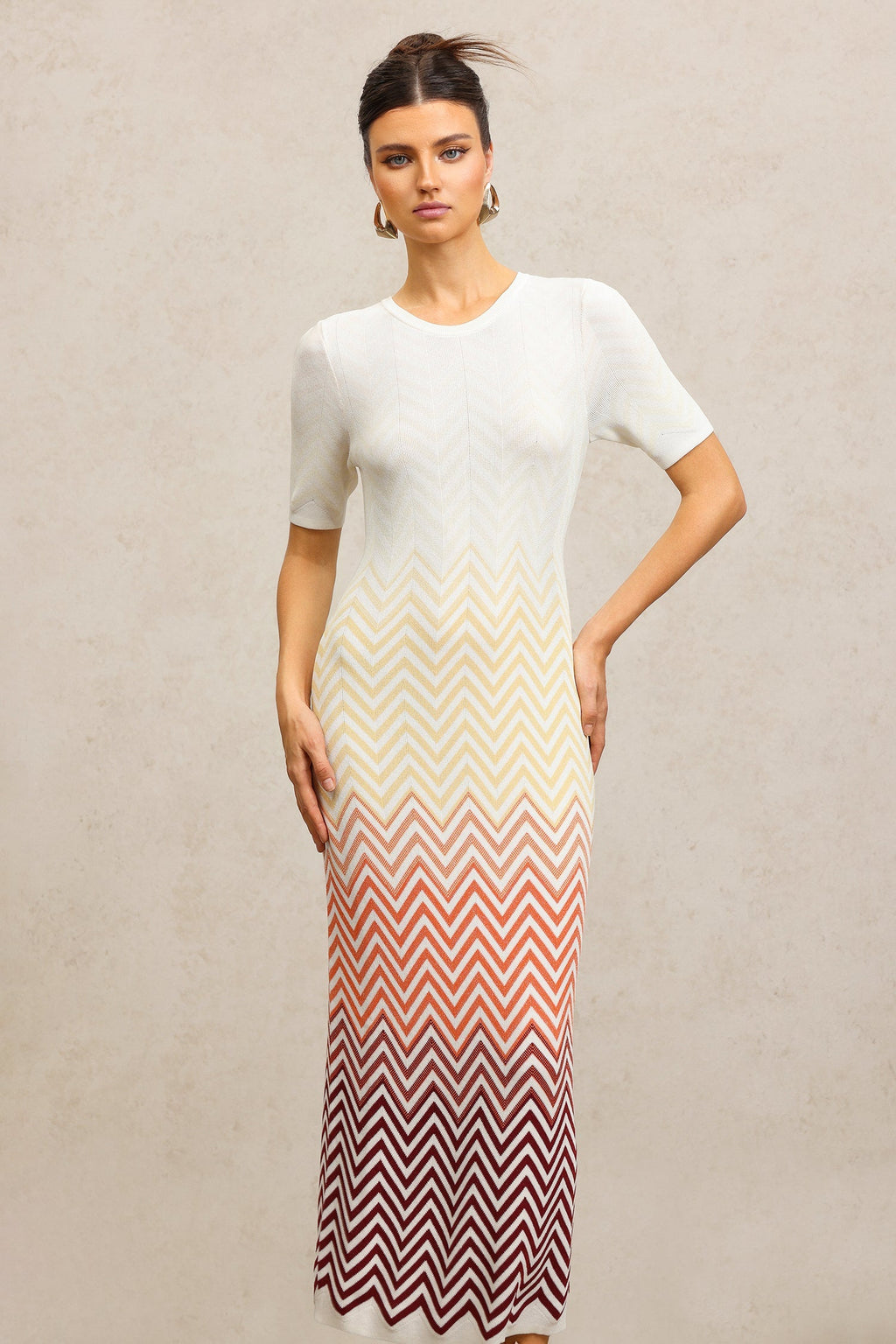 Michaela Beige Zigzag Midi Dress Round Neckline Short Sleeves