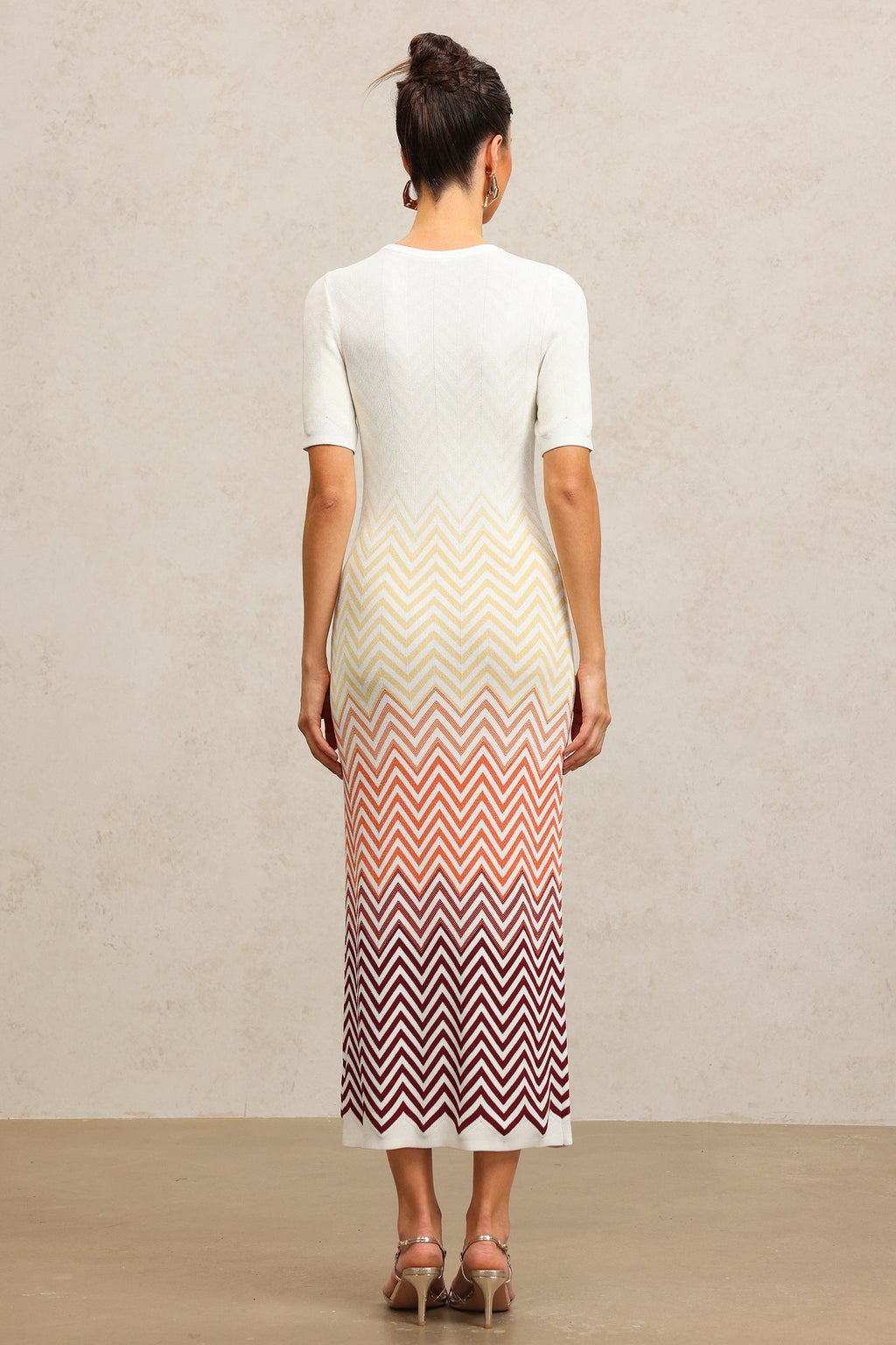 Michaela Beige Zigzag Midi Dress Round Neckline Short Sleeves Elegant Style Comfortable Fit Quality Materials Sophisticated Look Casual Outing Charm Grace