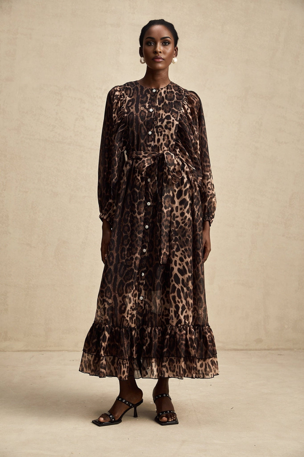 Michaela Midi Dress Leopard Print Ruffled Single Breasted Brown