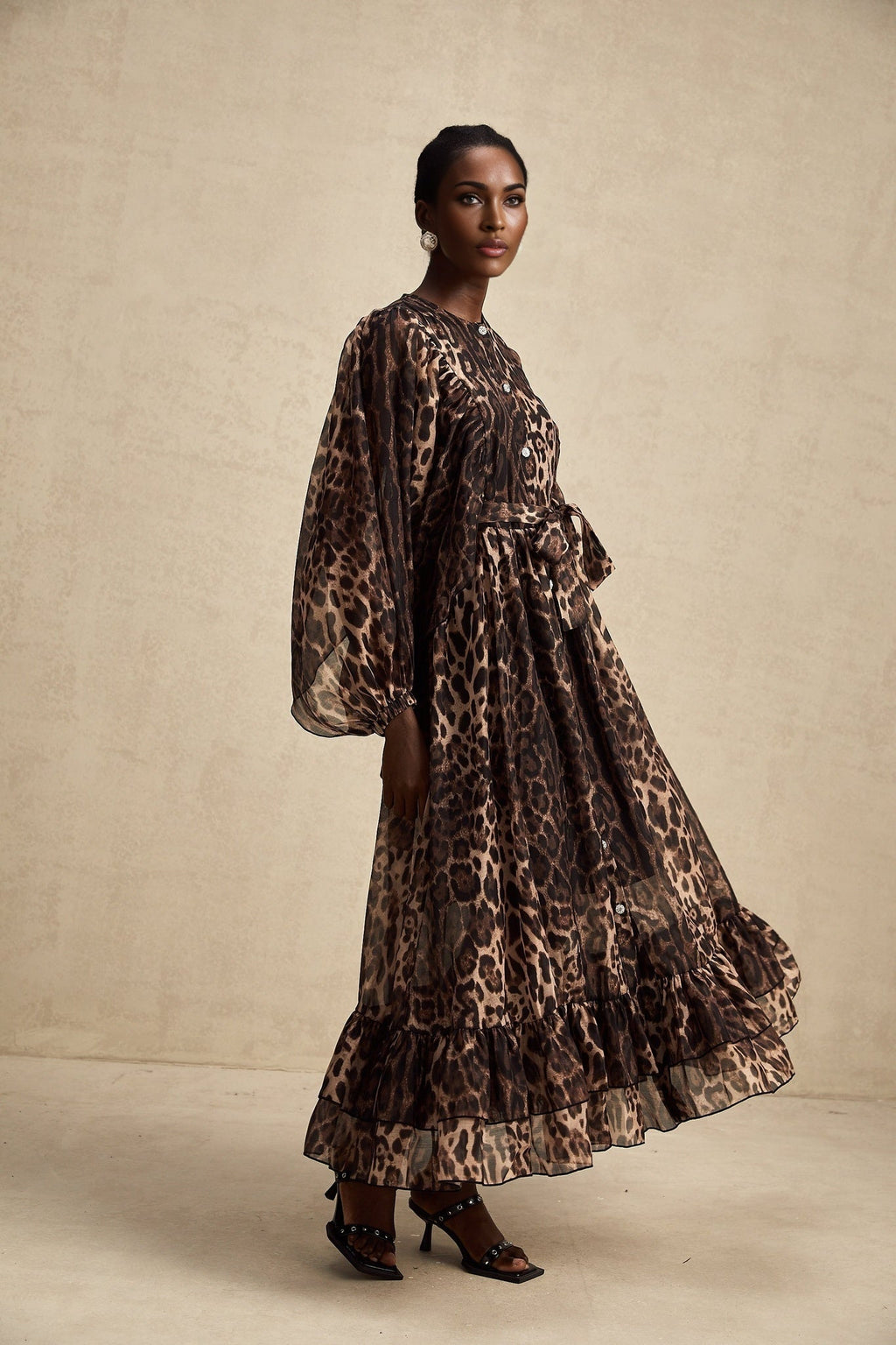 Michaela Midi Dress Leopard Print Ruffled Single Breasted Brown