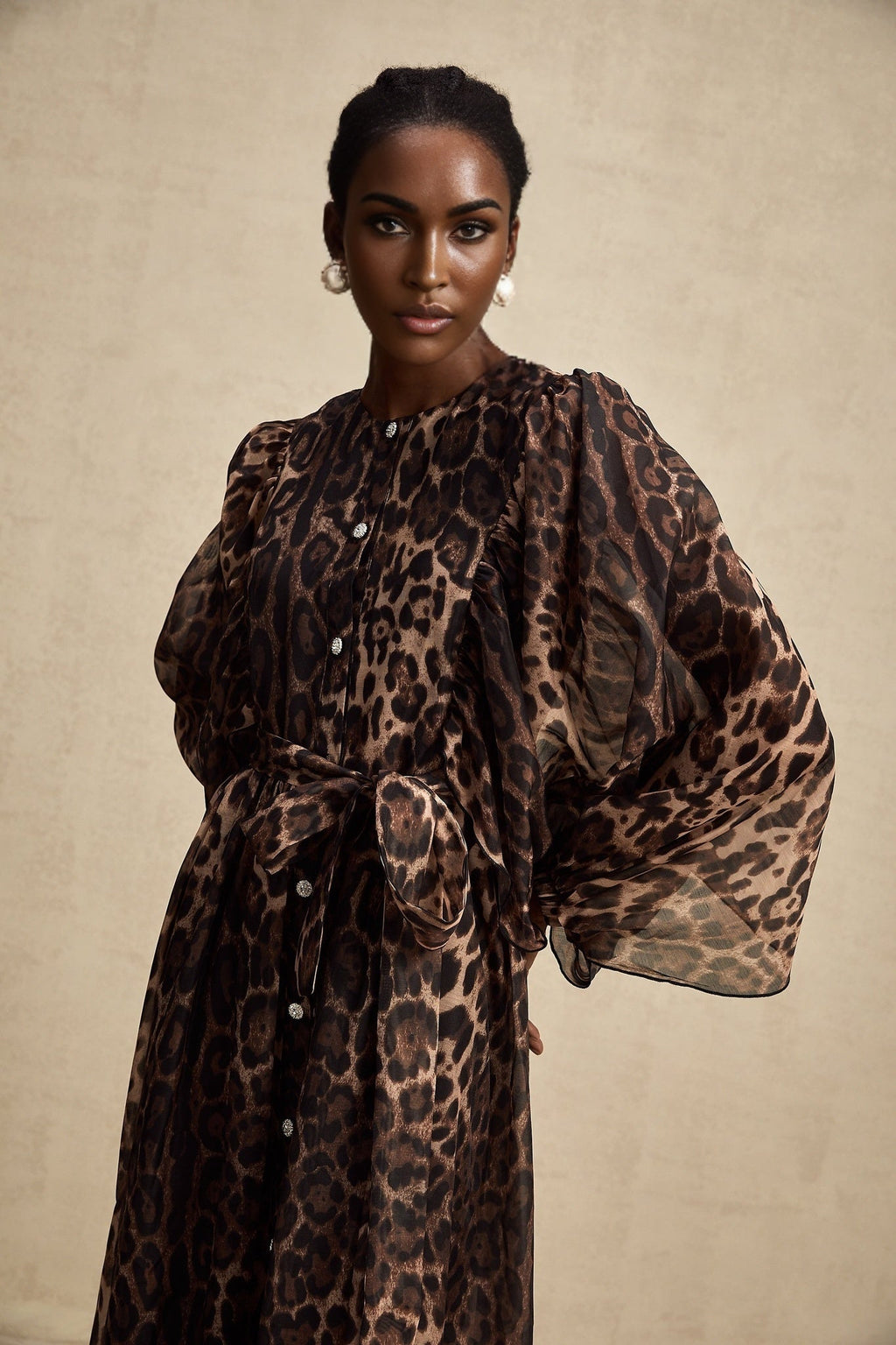 Michaela Midi Dress Leopard Print Ruffled Single Breasted Brown