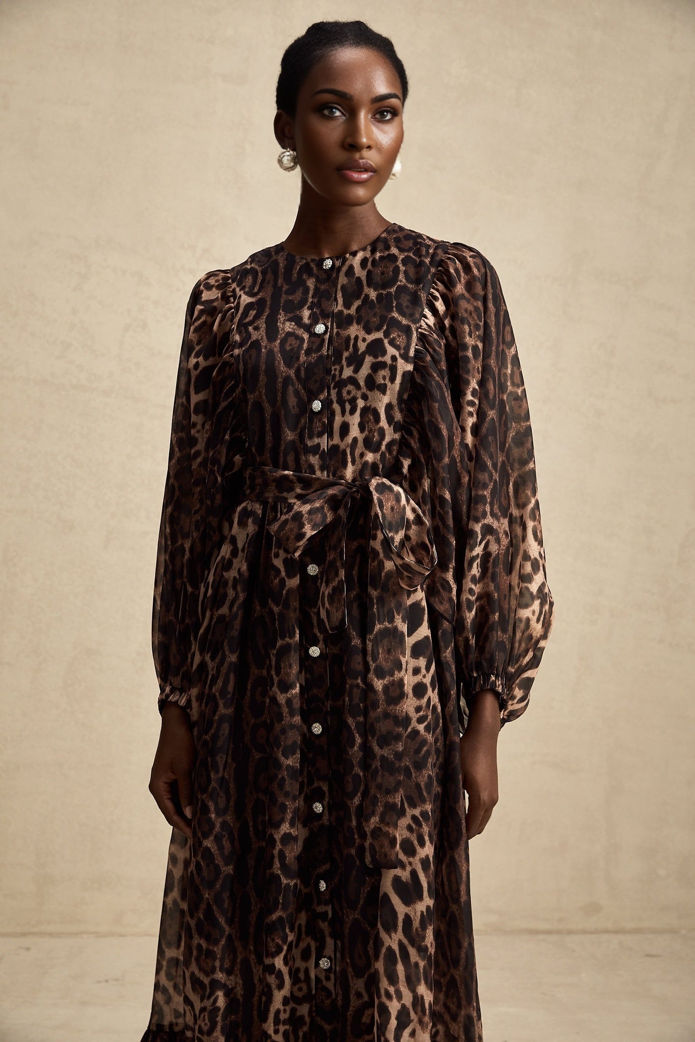Michaela Midi Dress Leopard Print Ruffled Single Breasted Brown
