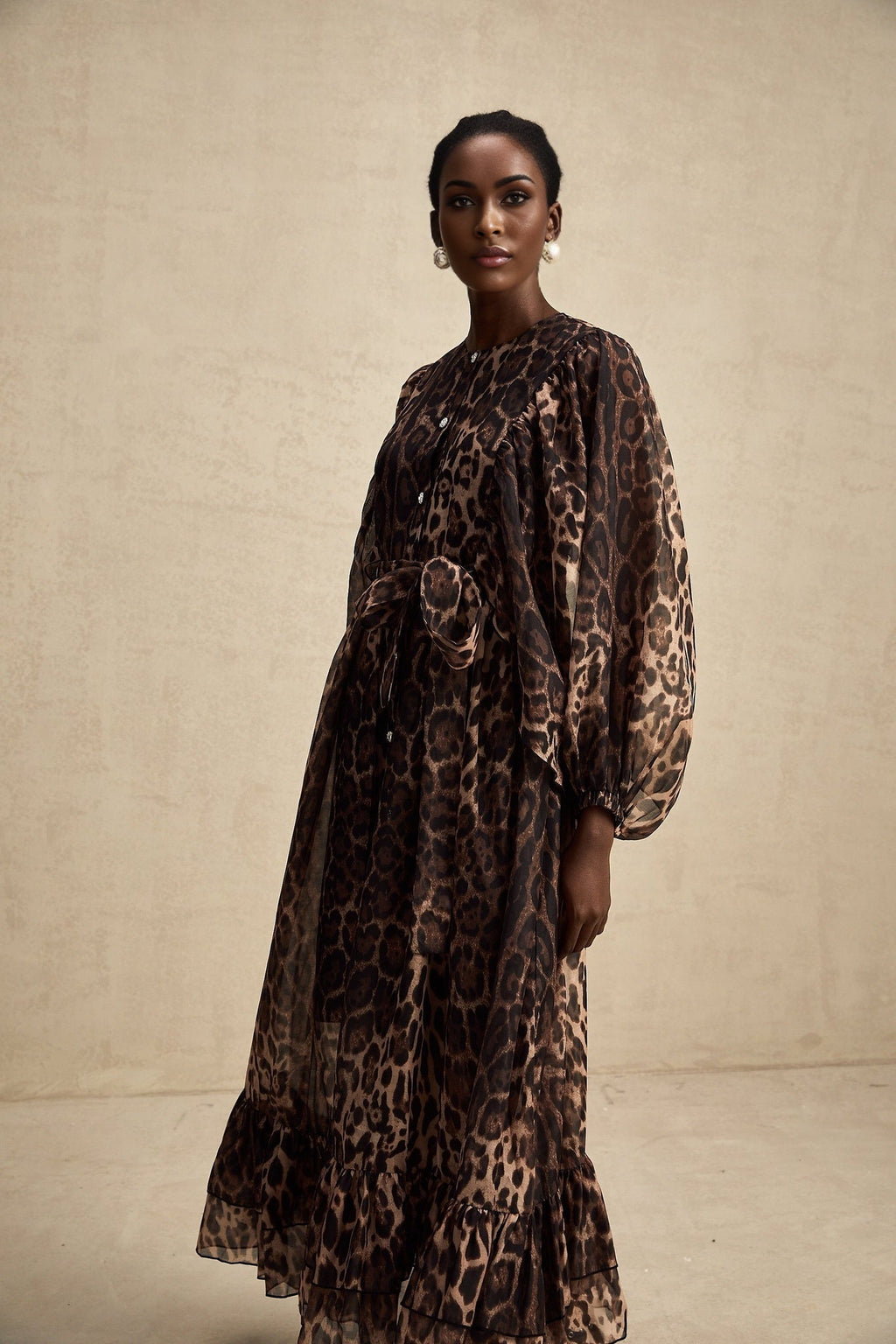 Michaela Midi Dress Leopard Print Ruffled Single Breasted Brown