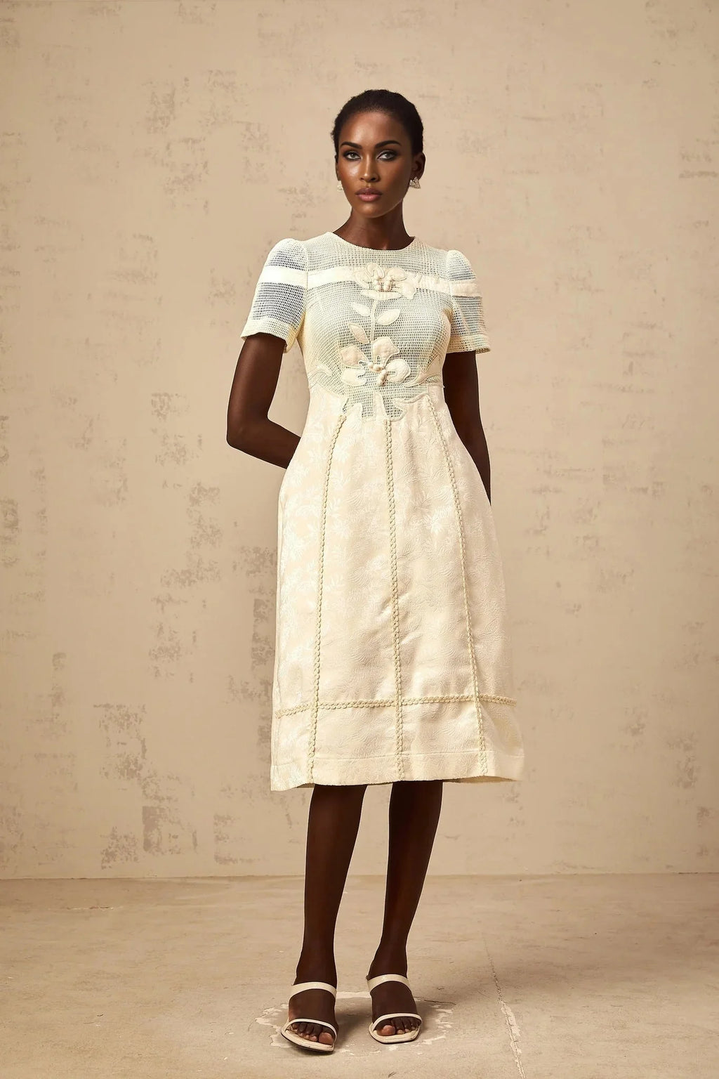 Michaela Midi Dress White Neutrals Floral Embroidery Openwork A - line