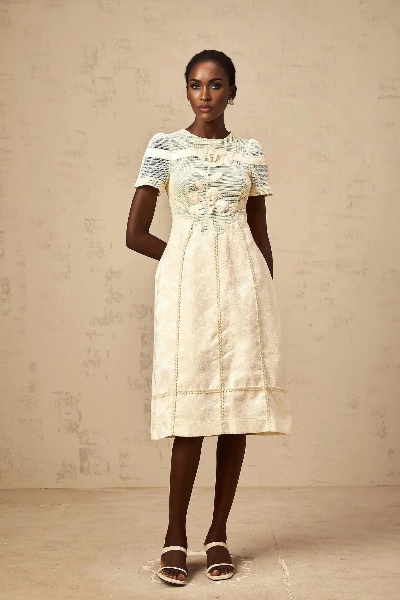 Michaela Midi Dress White Neutrals Floral Embroidery Openwork A - line