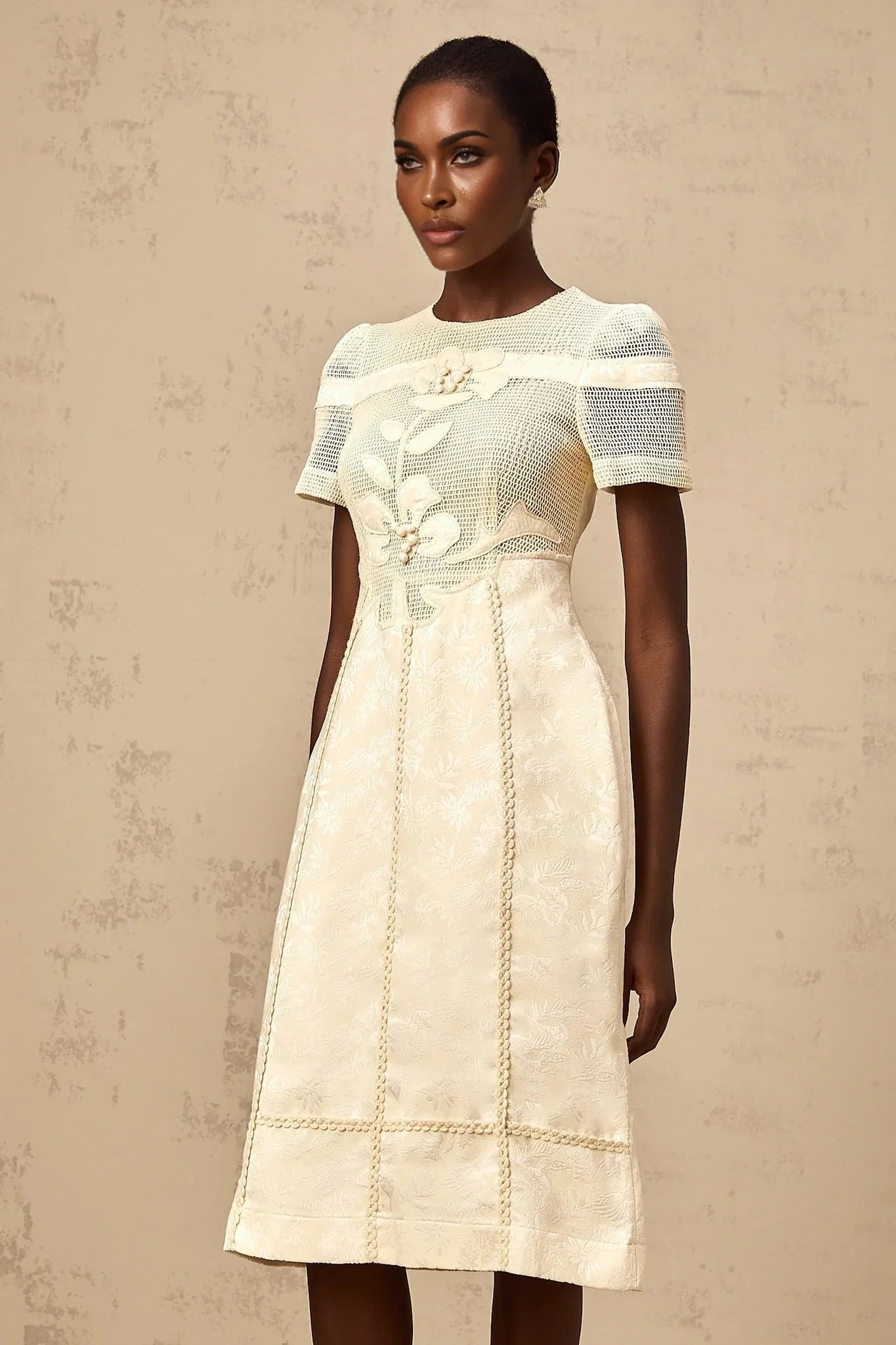 Michaela Midi Dress White Neutrals Floral Embroidery Openwork A - line
