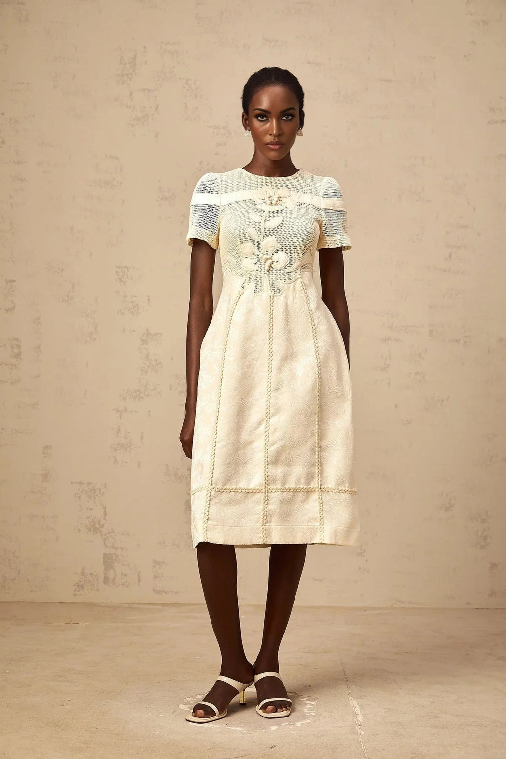 Michaela Midi Dress White Neutrals Floral Embroidery Openwork A - line
