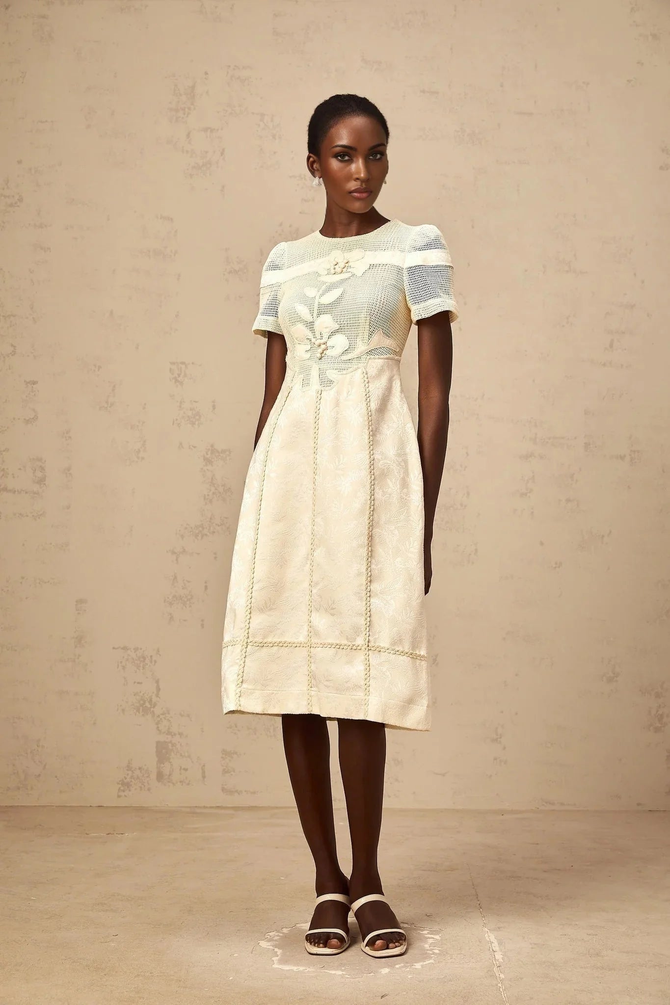 Michaela Midi Dress White Neutrals Floral Embroidery Openwork A - line
