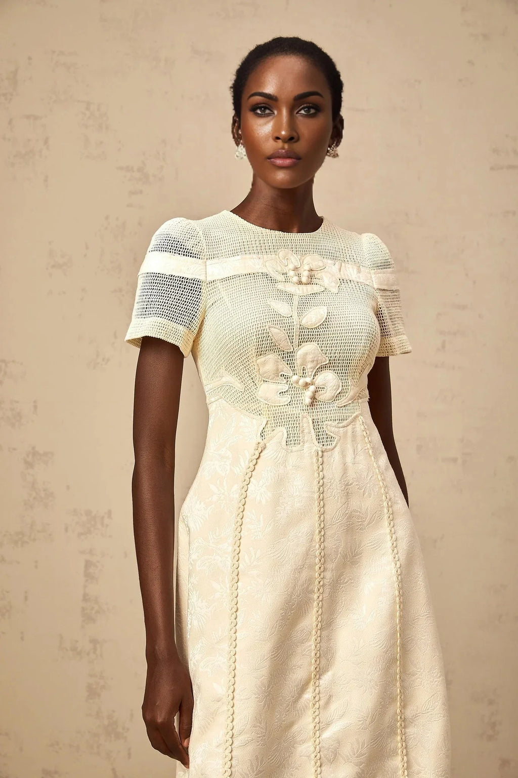 Michaela Midi Dress White Neutrals Floral Embroidery Openwork A - line