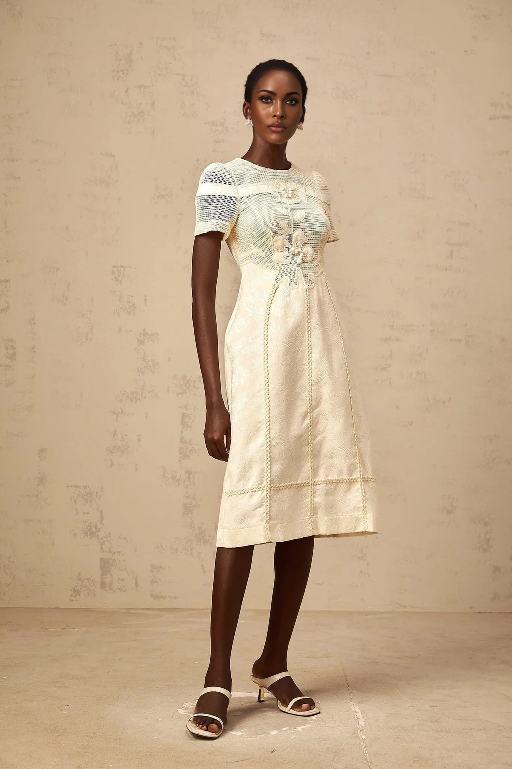 Michaela Midi Dress White Neutrals Floral Embroidery Openwork A - line