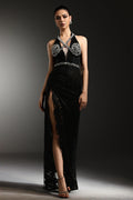 Michela Black Evening Dress with V-Neckline and High Slit for Formal Events and Galas