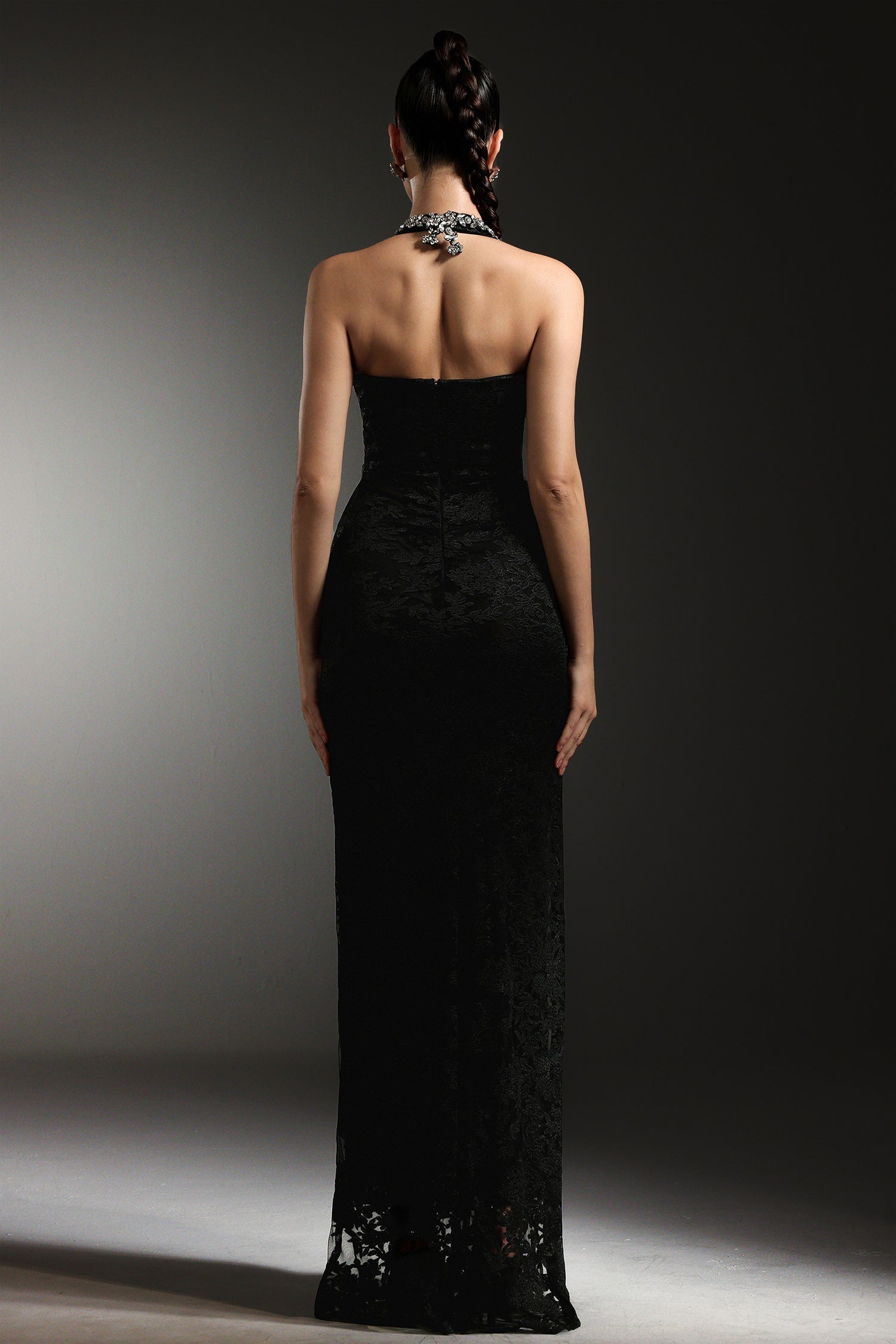 Michela Black Glamour V-Neckline Dress with Sparkling Embellishments and High Slit Design for Formal Events and Galas
