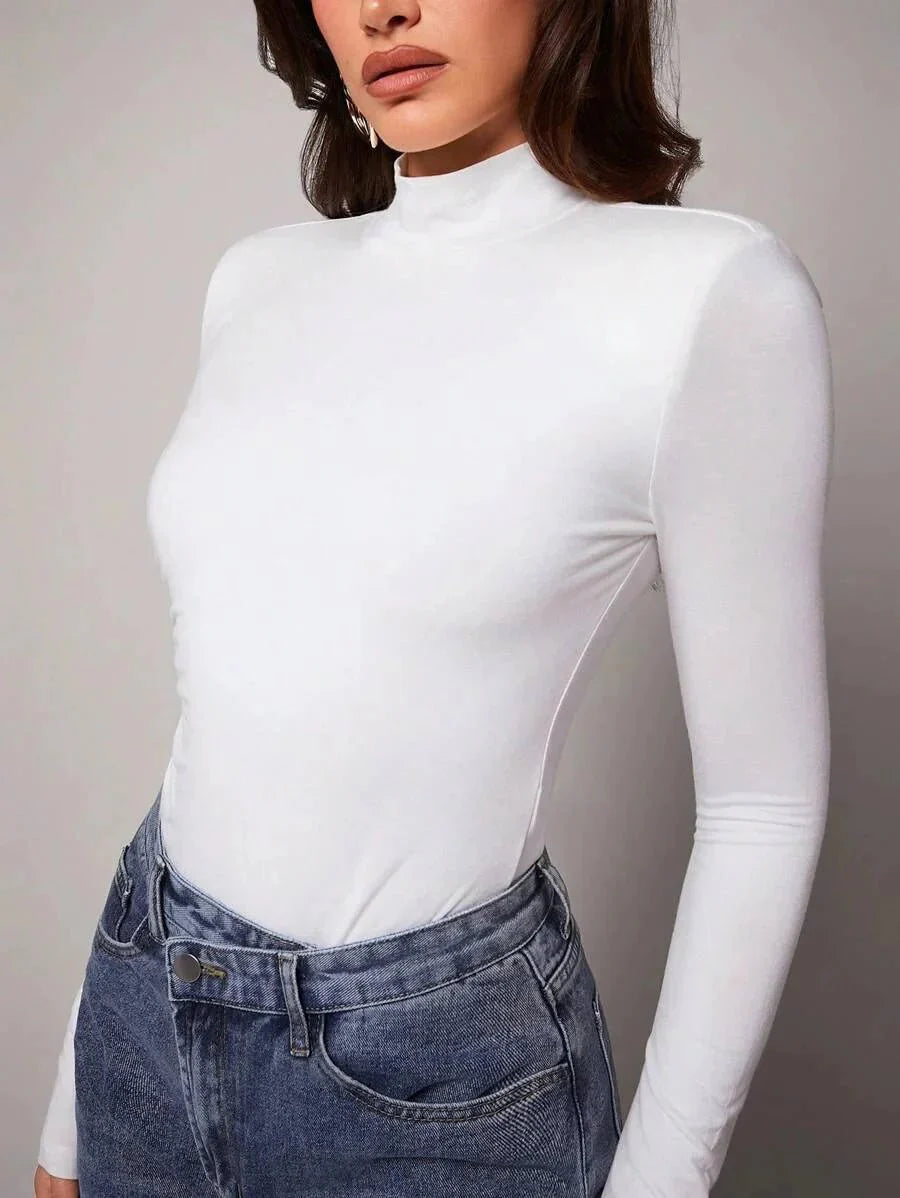 Michela Bodysuit - High Stretch Fabric Elasticity - Slim Fit - Casual Style - Long Sleeve Length - Backless, Ruched - Stand Collar Neckline