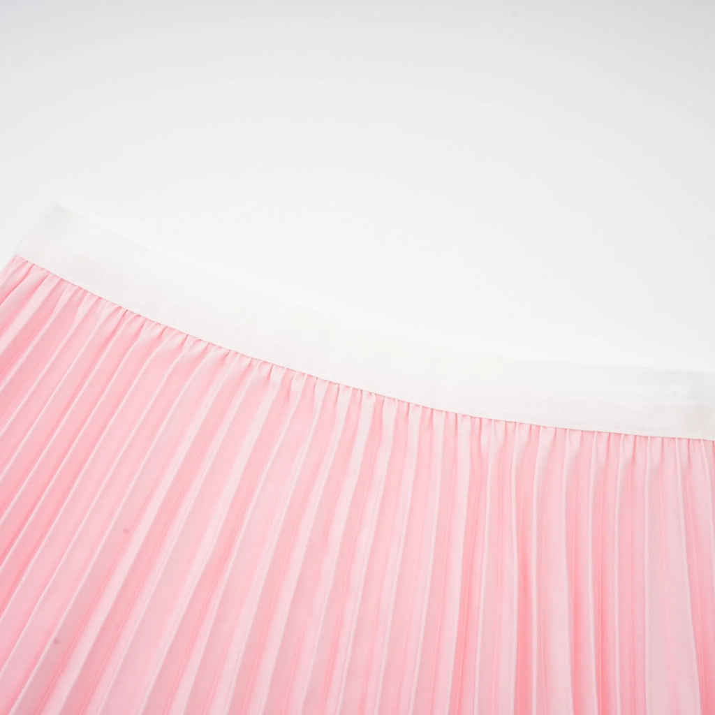 Michela Floral Midi Dress Pink Crew Neck with Short Sleeves & Pleated Detail