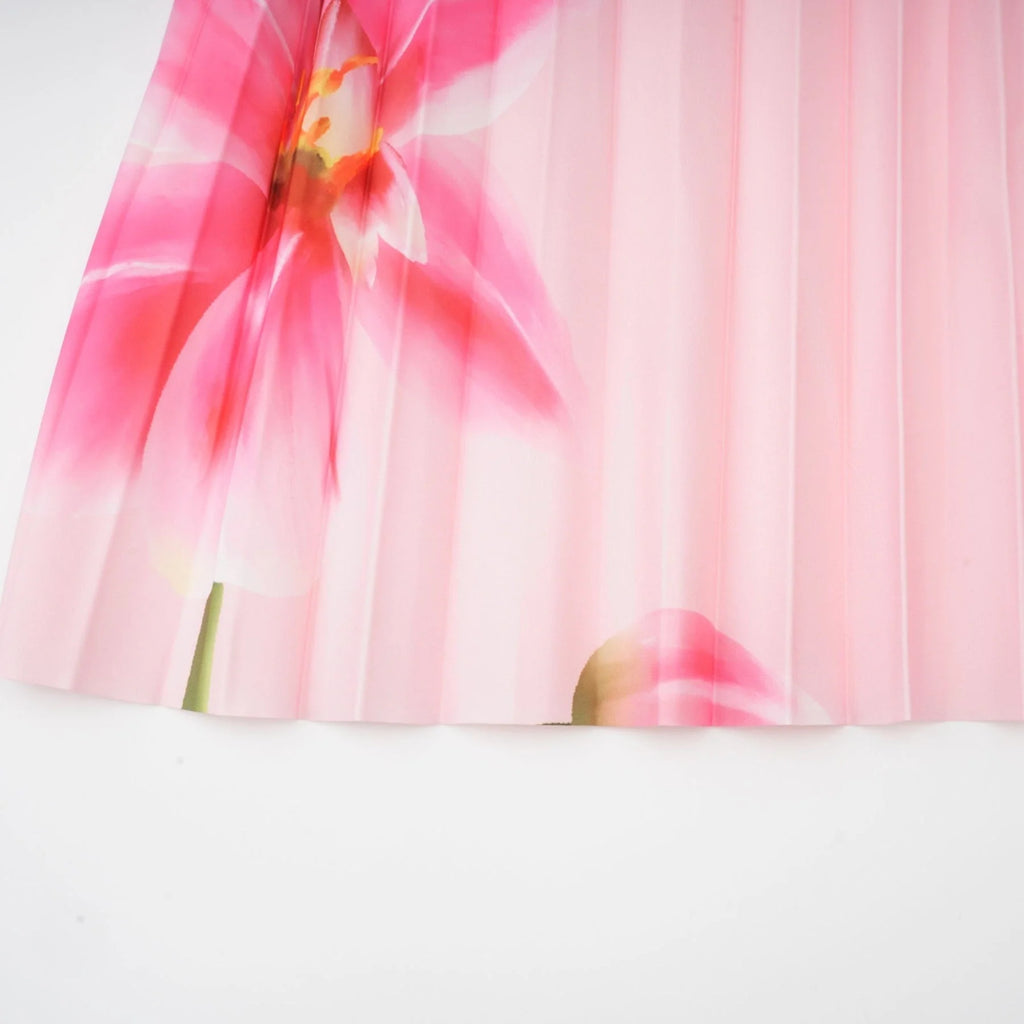 Michela Floral Midi Dress Pink Crew Neck with Short Sleeves & Pleated Detail