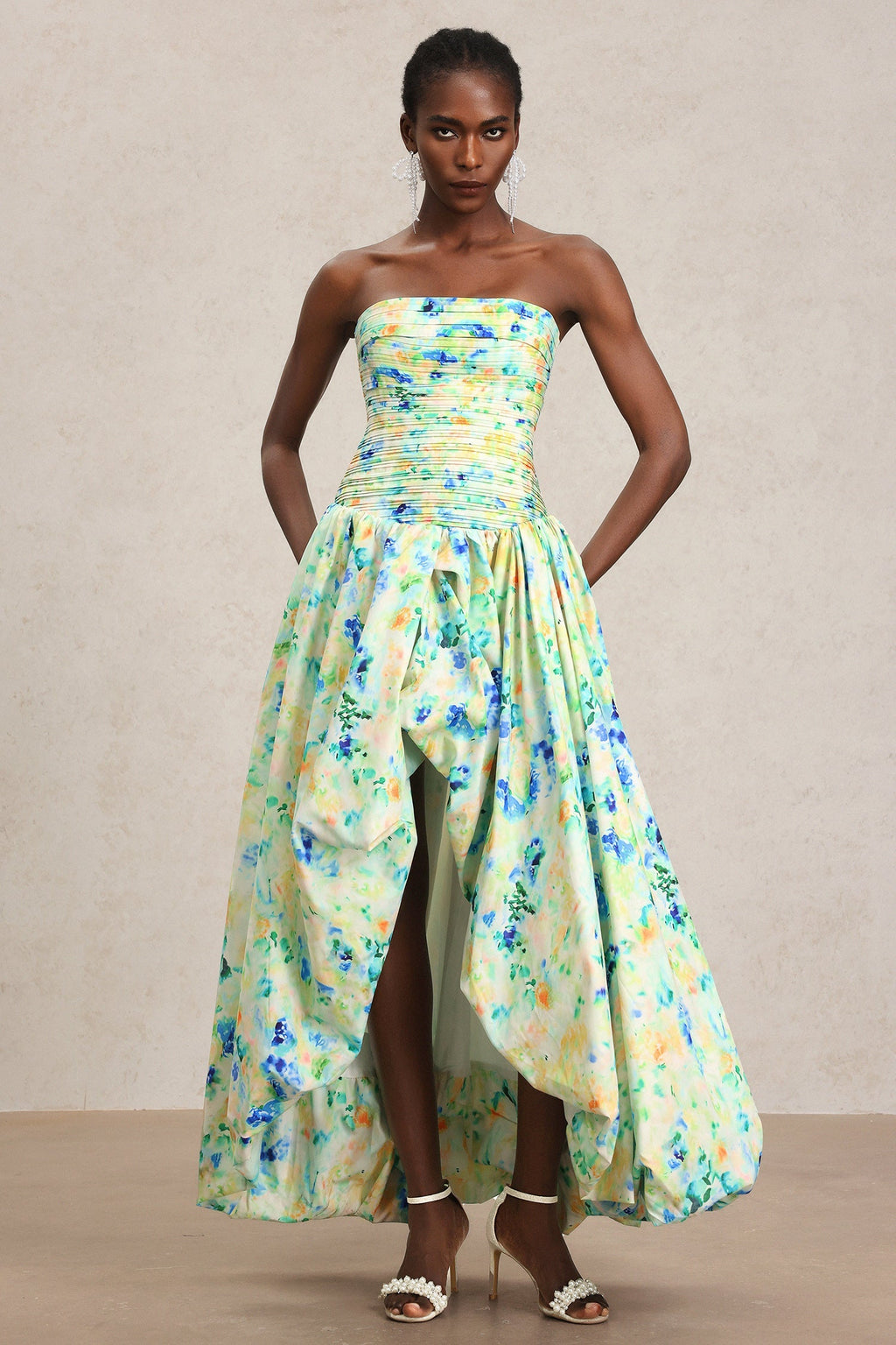 Michela Green Floral Maxi Dress with Asymmetrical Hemline for Women