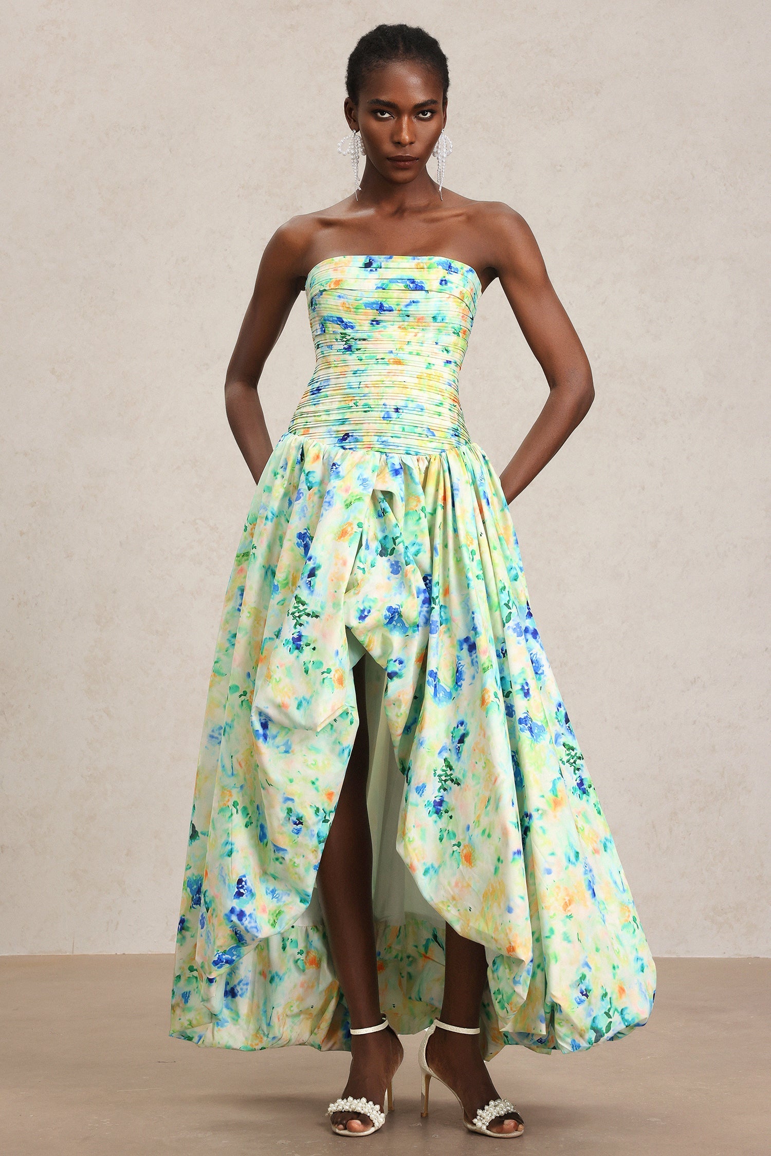 Michela Green Floral Maxi Dress with Asymmetrical Hemline for Women