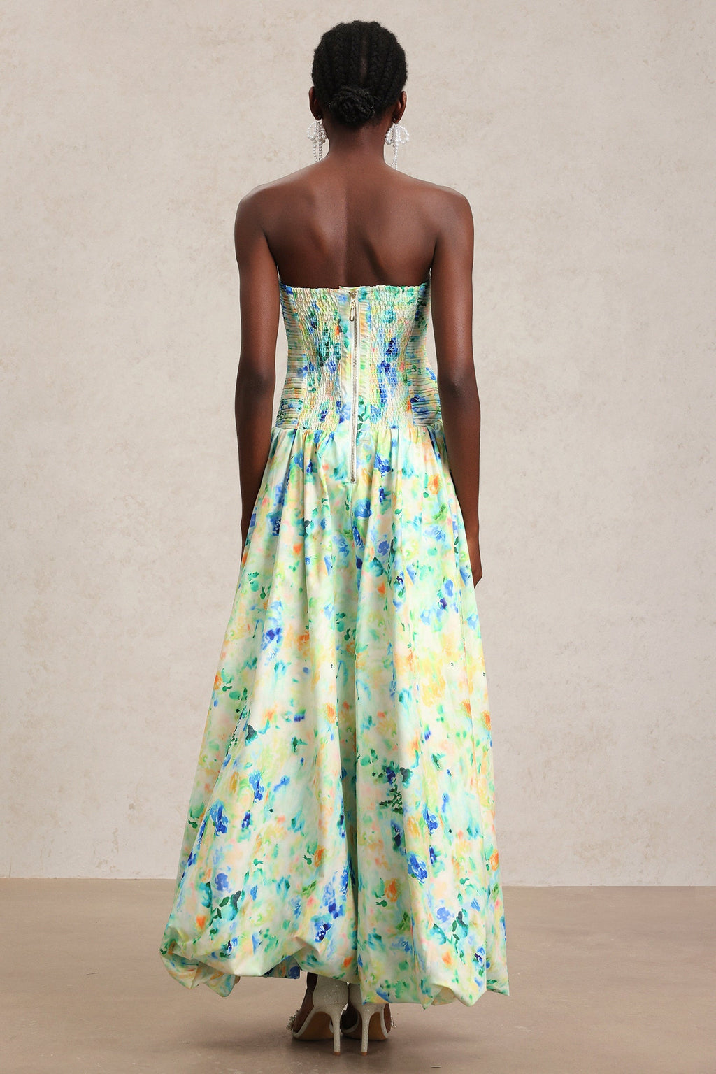 Michela Green Floral Print Maxi Dress Strapless Ruched Bodice Asymmetrical Hemline