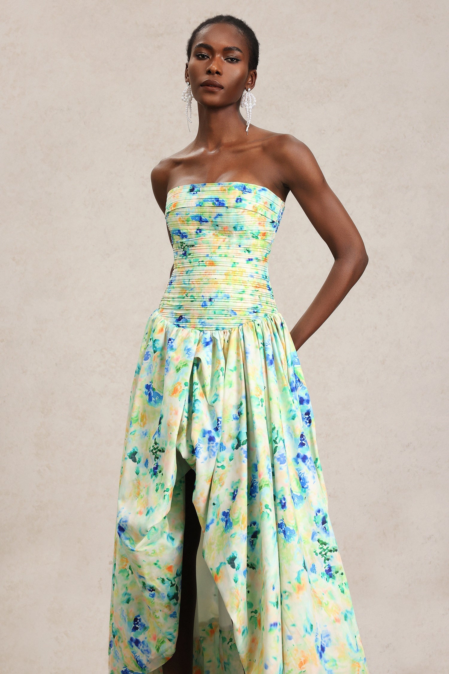 Michela Green Floral Print Maxi Dress with Strapless Neckline and Asymmetrical Hemline