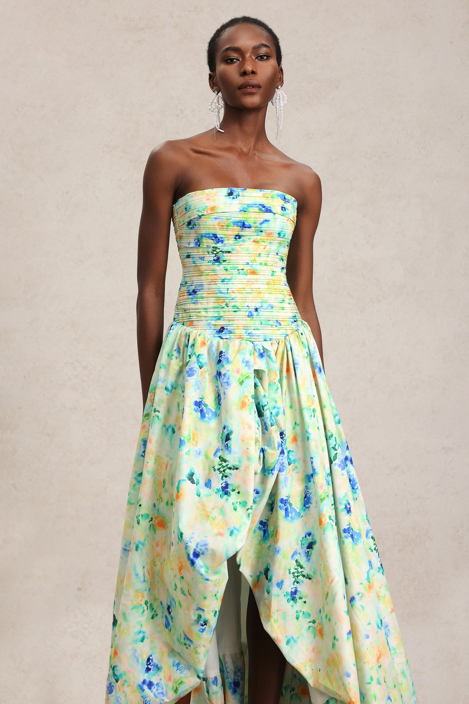 Michela Green Floral Print Strapless Maxi Dress with Asymmetrical Hemline