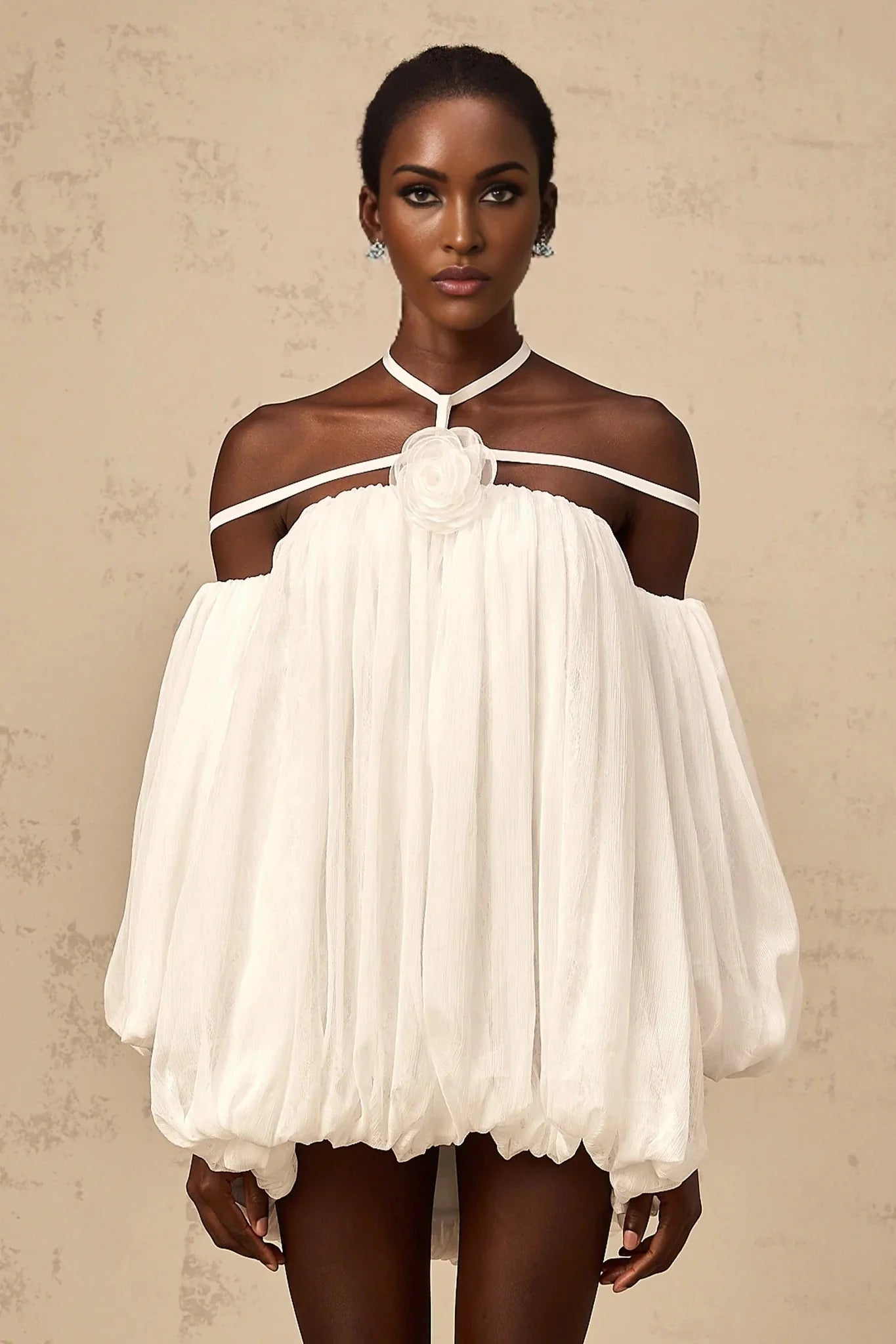 Michela Mini Dress White Floral Appliqu Halter Puff Sleeves Open Back