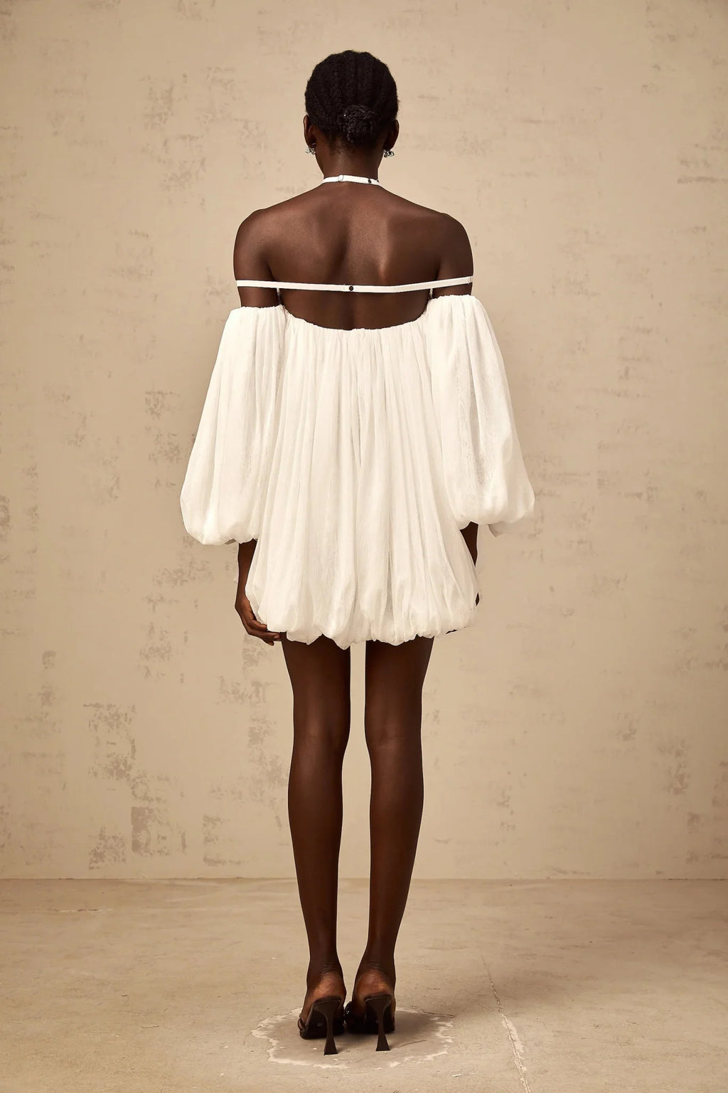Michela Mini Dress White Floral Appliqu Halter Puff Sleeves Open Back