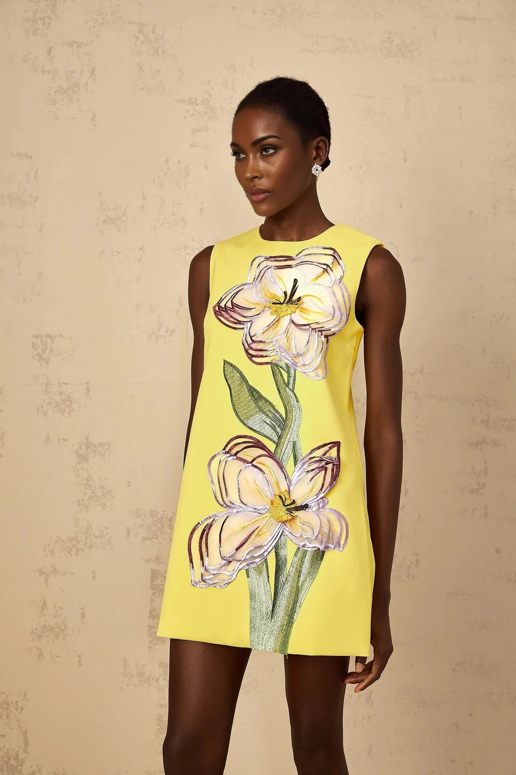 Michela Mini Dress Yellow Sequin Floral Embroidered