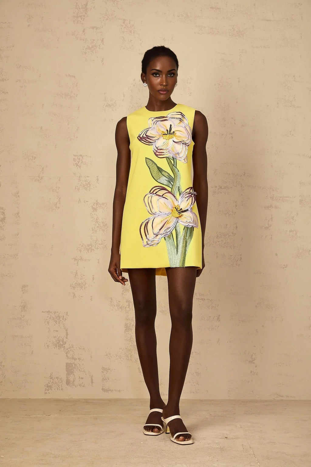 Michela Mini Dress Yellow Sequin Floral Embroidered