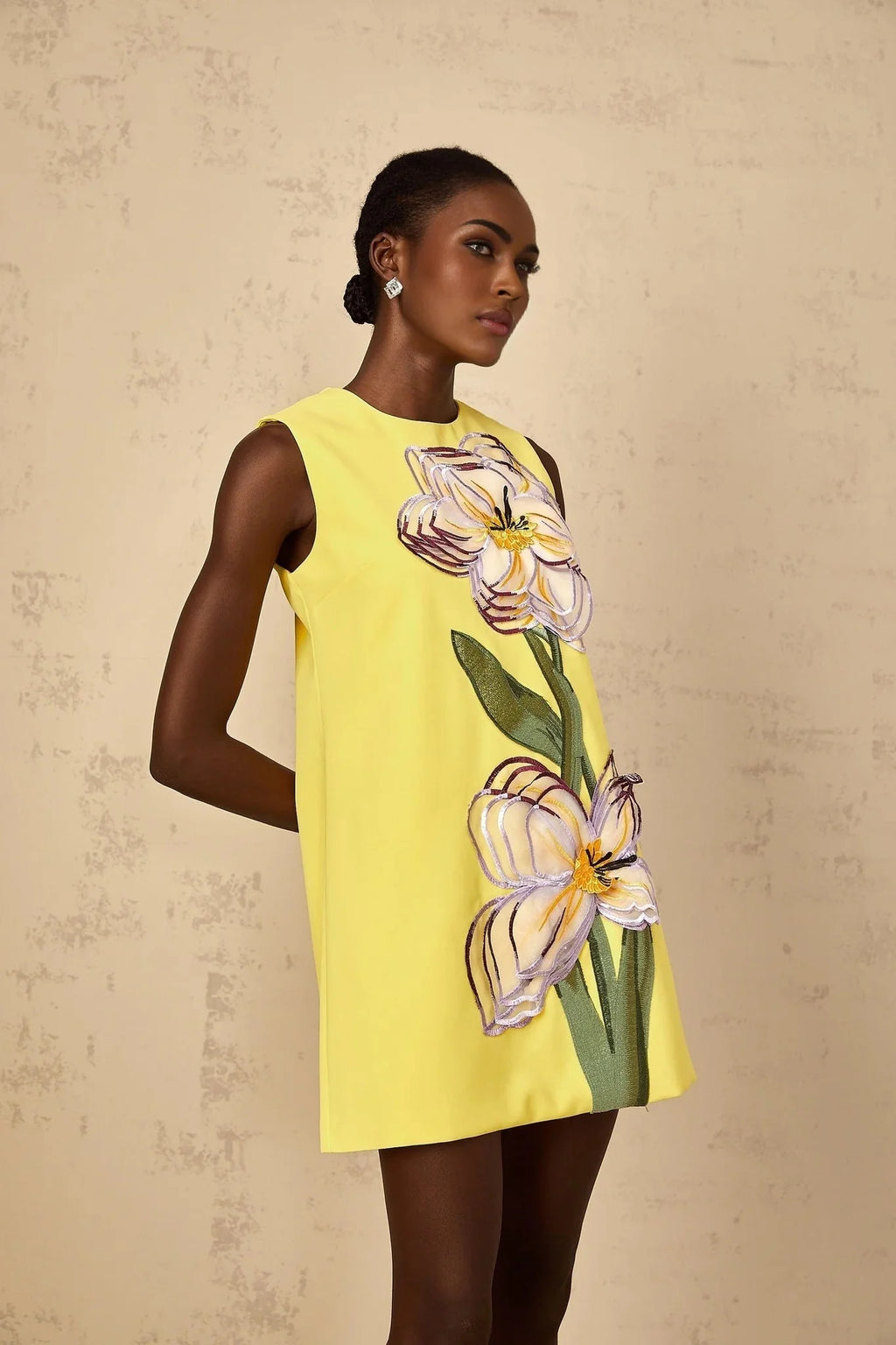 Michela Mini Dress Yellow Sequin Floral Embroidered
