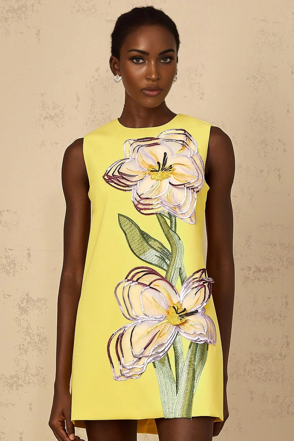Michela Mini Dress Yellow Sequin Floral Embroidered
