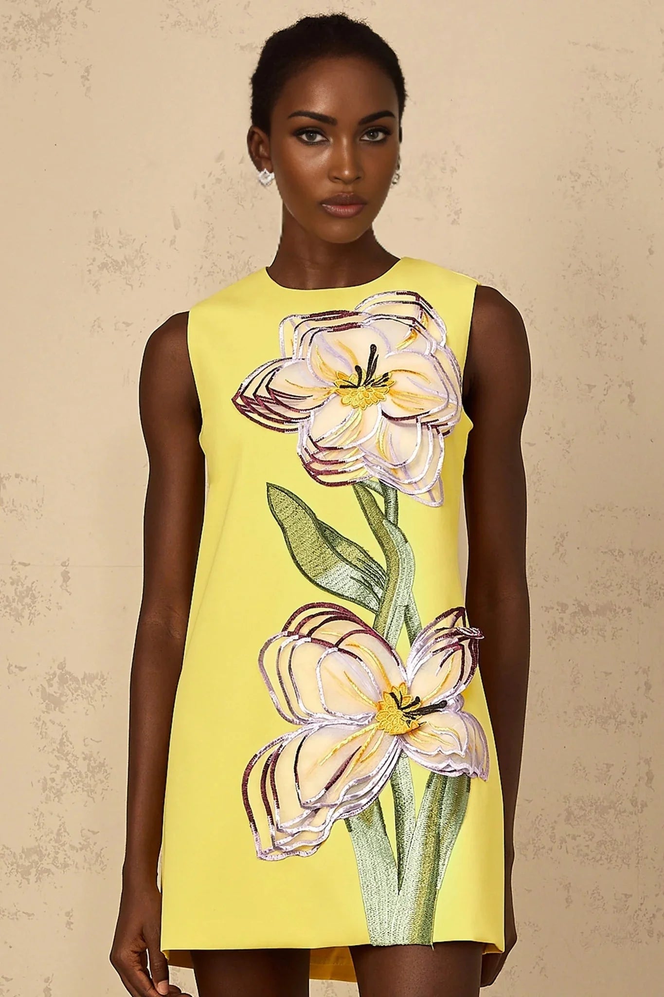 Michela Mini Dress Yellow Sequin Floral Embroidered