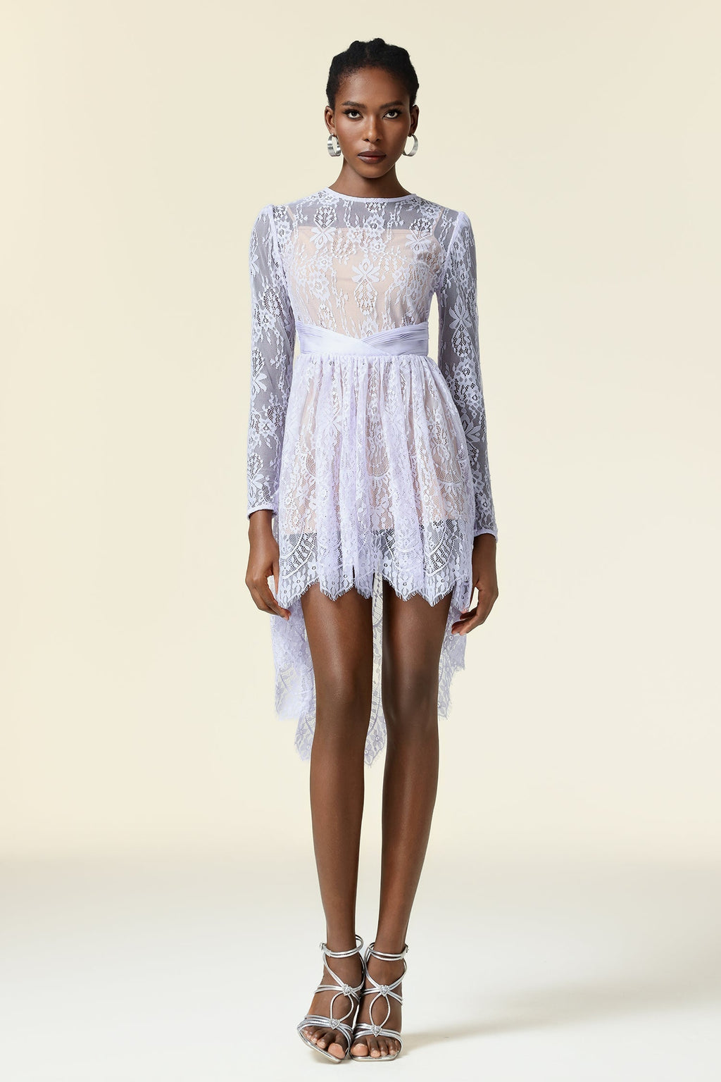 Michela White Lace Long Sleeve Mini Dress Asymmetric Hemline Cinched Waist