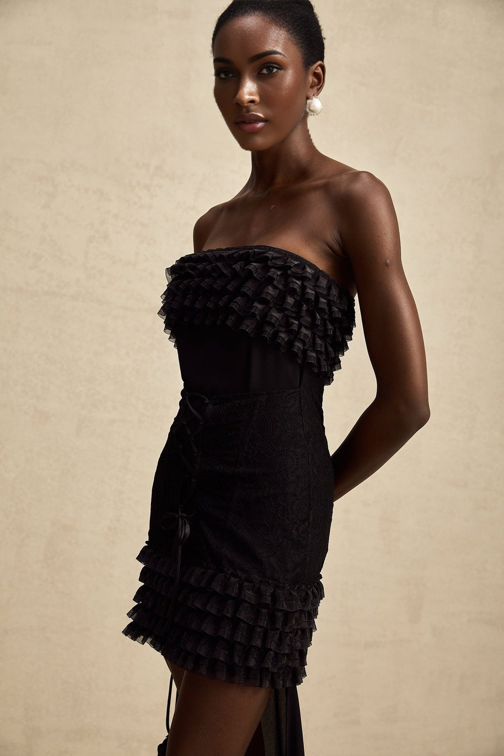 Michèle Black Strapless Mini Dress With Lace - Up Front and Ruffle Train