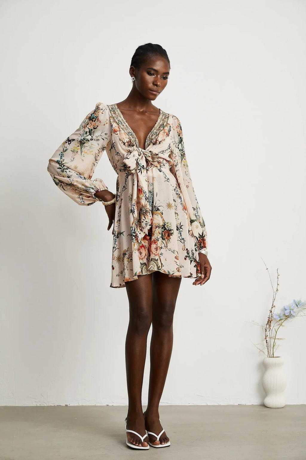 Michelina Dress Floral Print Blouson Sleeve Bow Detail Silk Thigh - Length