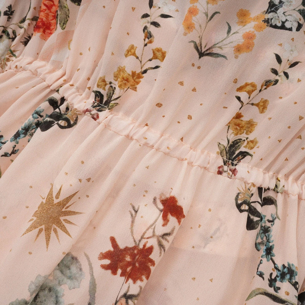 Michelina Dress Floral Print Blouson Sleeve Bow Detail Silk Thigh - Length