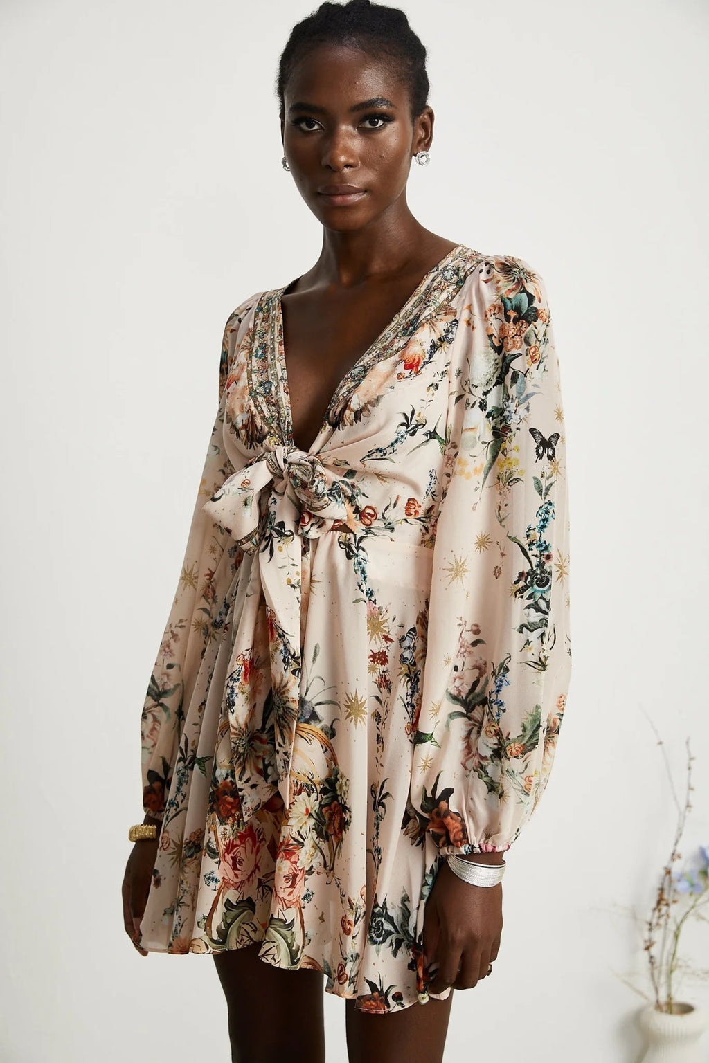 Michelina Dress Floral Print Blouson Sleeve Bow Detail Silk Thigh - Length
