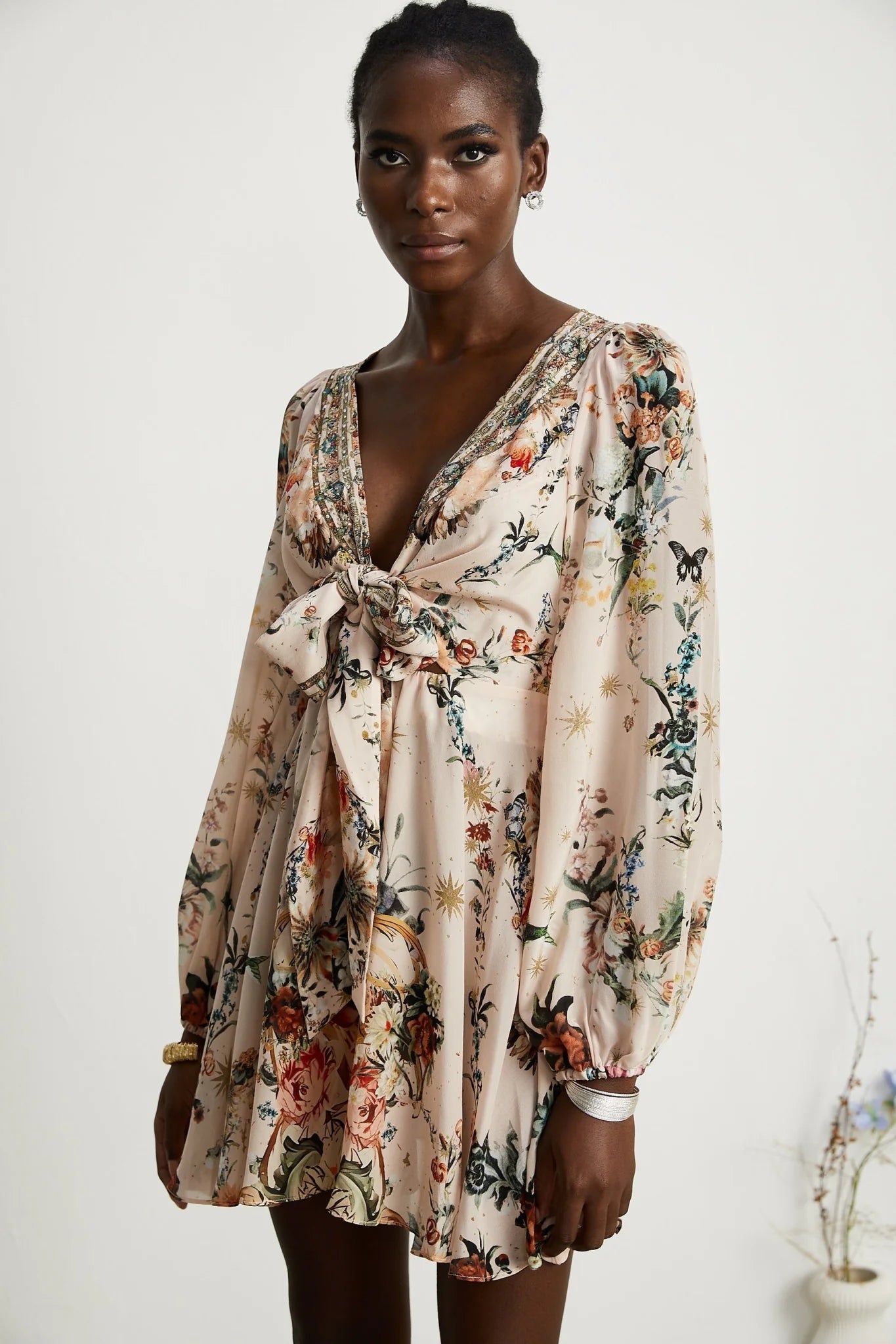 Michelina Dress Floral Print Blouson Sleeve Bow Detail Silk Thigh - Length