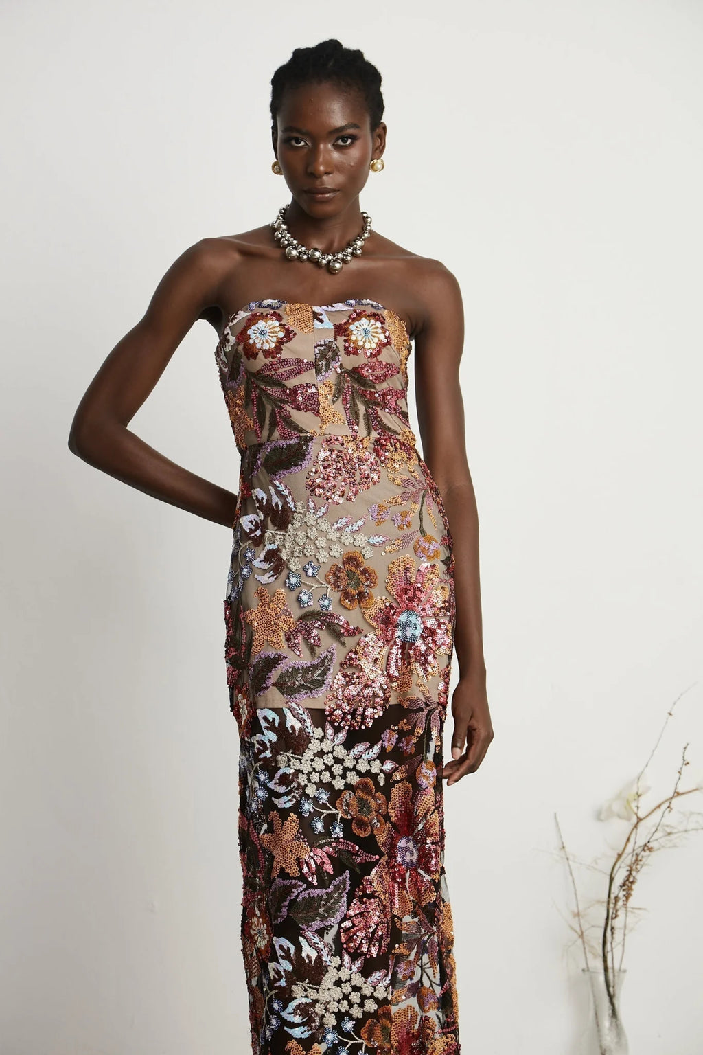 Michelina Floral Midi Dress in Red with Sequin Embellishment & OffShoulder Style