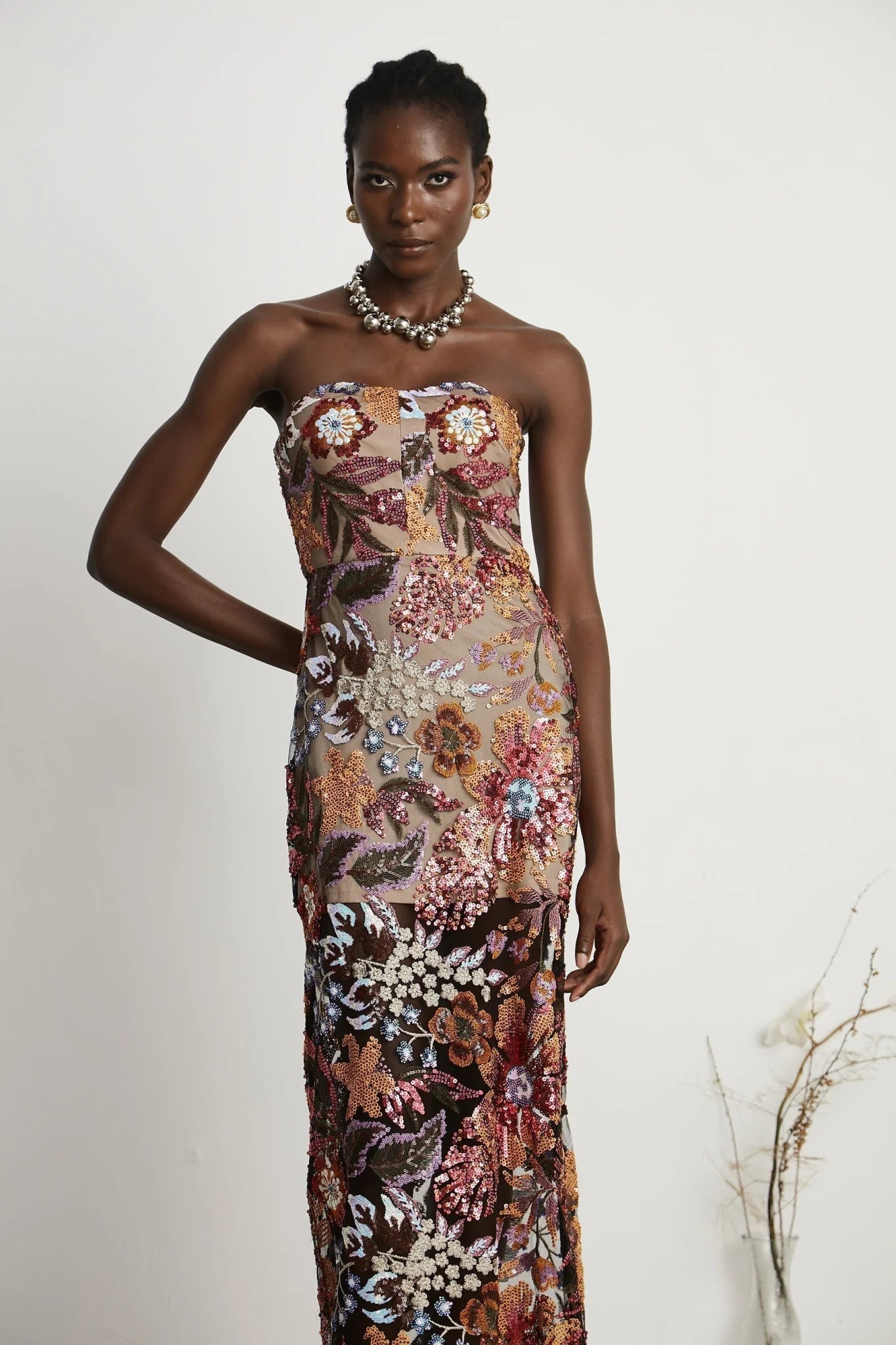 Michelina Floral Midi Dress in Red with Sequin Embellishment & OffShoulder Style