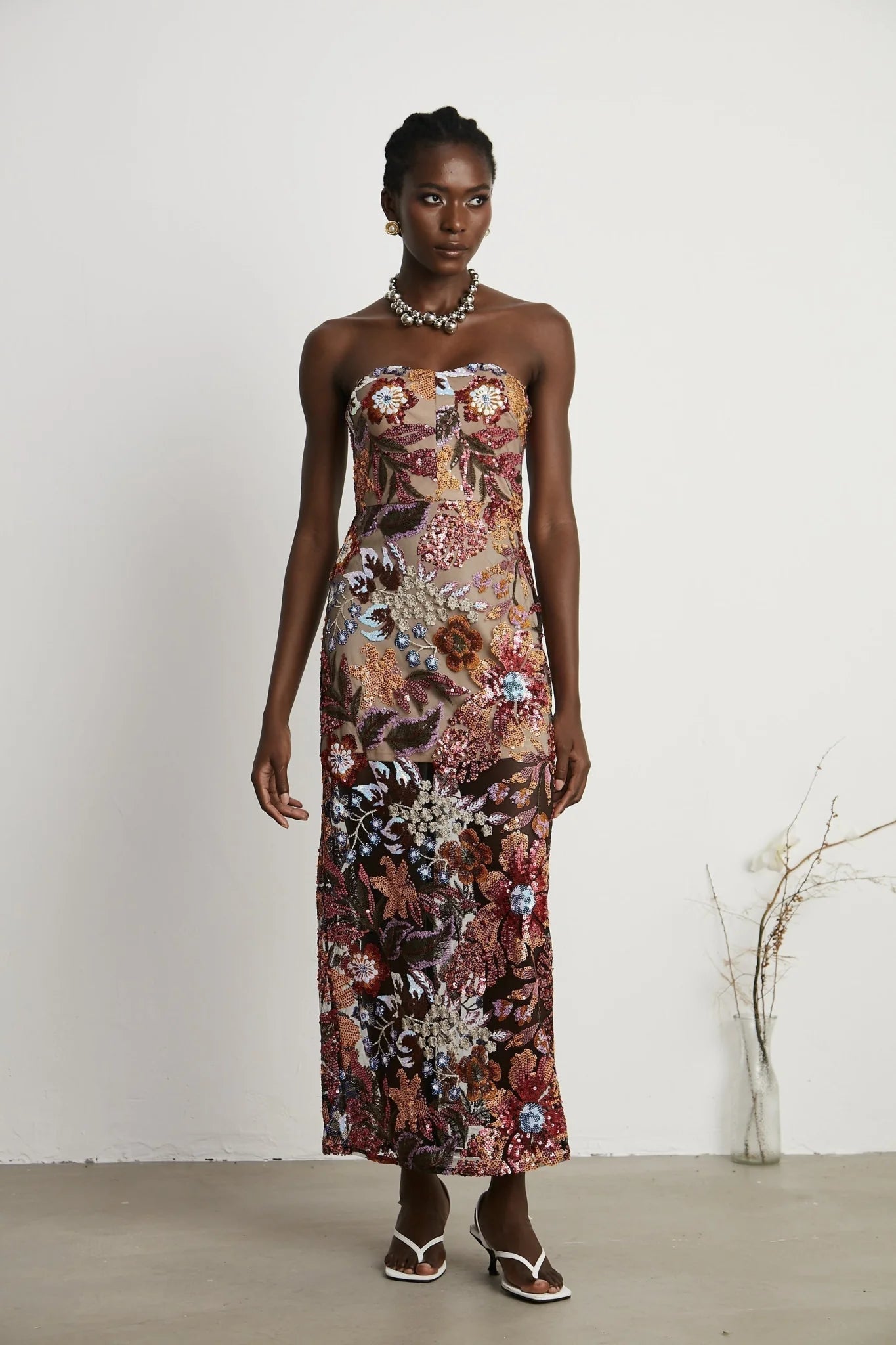 Michelina Floral Midi Dress in Red with Sequin Embellishment & OffShoulder Style