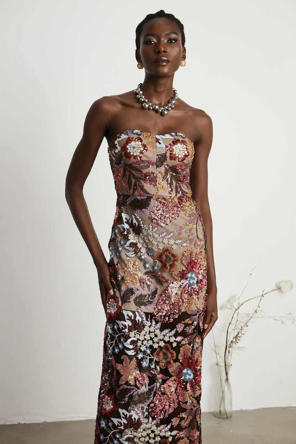 Michelina Floral Midi Dress in Red with Sequin Embellishment & OffShoulder Style